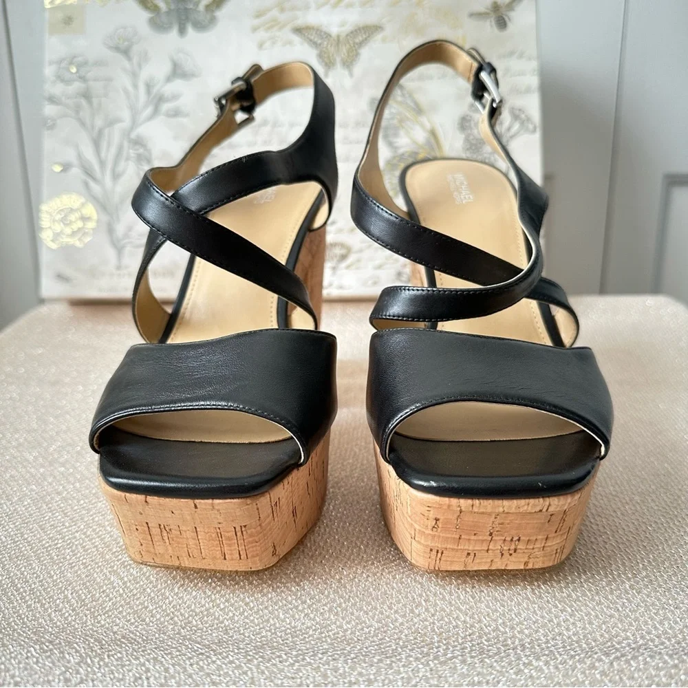 Michael Kors Abbott Black Leather Platform Sandals Size 9.5